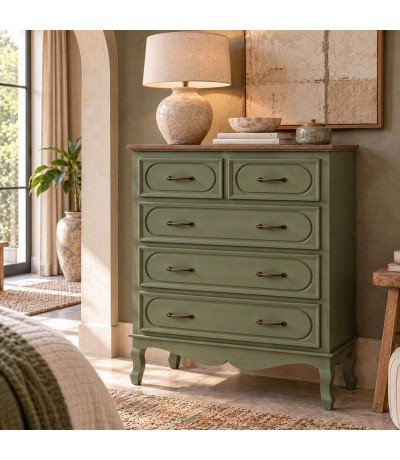 Cómoda clásica verde oliva con cajones y tapa en madera natural Mdmhogar