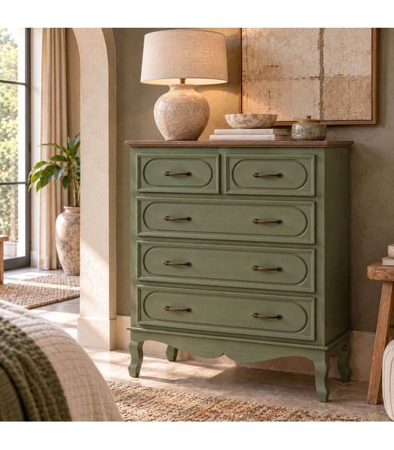 Cómoda clásica verde oliva con cajones y tapa en madera natural Mdmhogar