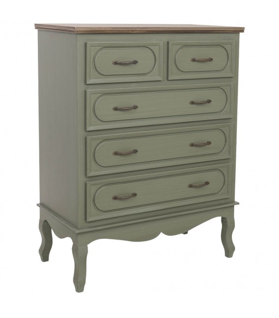 Cómoda clásica verde oliva con cajones y tapa en madera natural