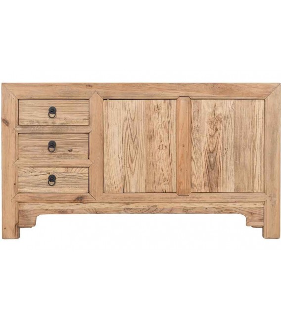 Aparador boho de madera maciza de olmo natural con puertas y cajones 1