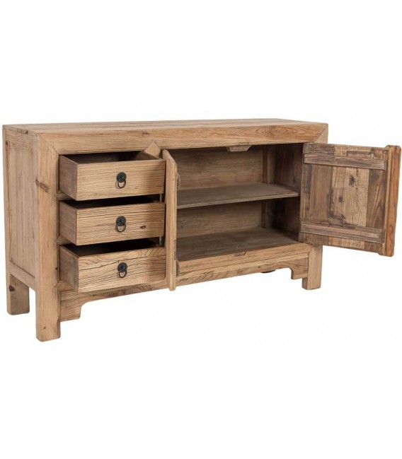 Aparador boho de madera maciza de olmo natural con puertas y cajones 3