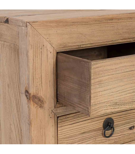 Aparador boho de madera maciza de olmo natural con puertas y cajones 4