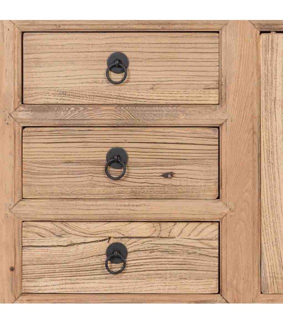 Aparador boho de madera maciza de olmo natural con puertas y cajones 5