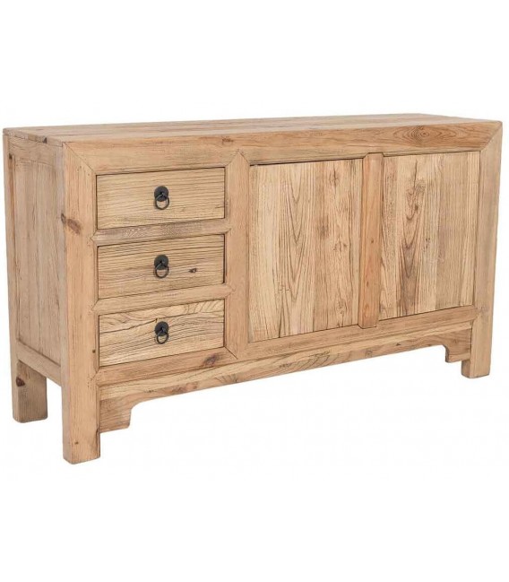 Aparador boho de madera maciza de olmo natural con puertas y cajones