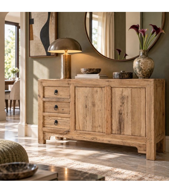 Aparador boho de madera maciza de olmo natural con puertas y cajones mdmhogar