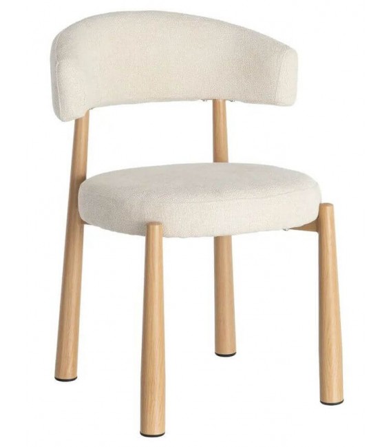 Silla de comedor tapizada en chenilla blanca con patas efecto roble