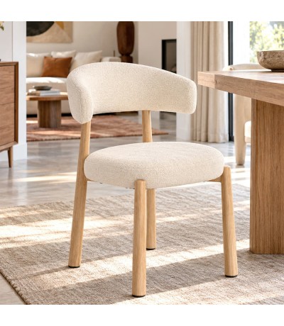 Silla de comedor tapizada en chenilla blanca con patas efecto roble Mdmhogar