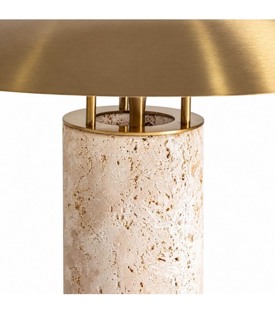 Lámpara de sobremesa art déco de travertino beige y metal dorado 1
