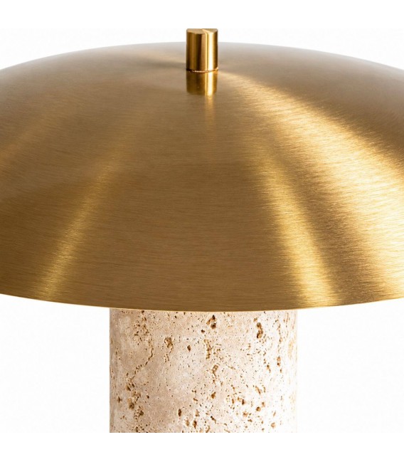 Lámpara de sobremesa art déco de travertino beige y metal dorado 2