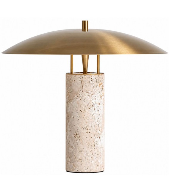 Lámpara de sobremesa art déco de travertino beige y metal dorado