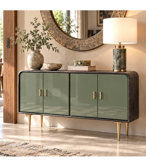 Aparador de madera de mango negro puertas verde brillo estilo art déco Mdmhogar