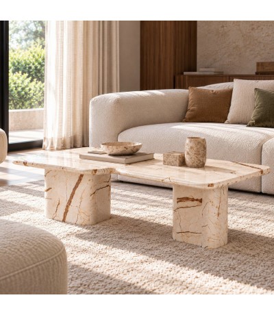 Mesa de centro rectangular de mármol beige con vetas marrones Mdmhogar