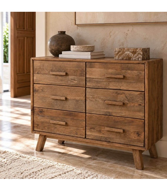 Cómoda pequeña de madera de pino en nogal claro de estilo boho Mdmhogar