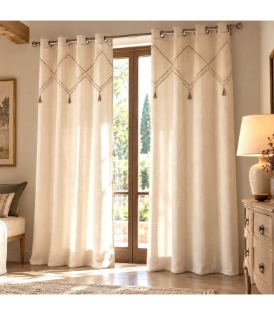 Set 2 cortinas de algodón con pasamanería marrón estilo boho Mdmhogar