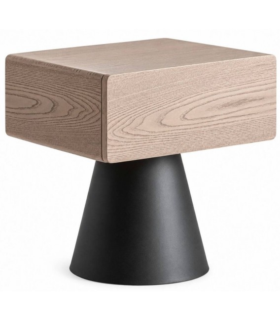 Mesita de noche industrial de madera beige claro con base de acero