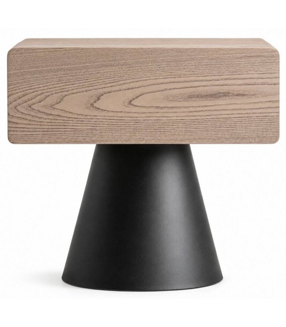 Mesita de noche industrial de madera beige claro con base de acero 1
