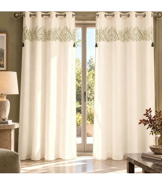 Set de 2 cortinas de algodón beige con estampado de hojas verdes Mdmhogar