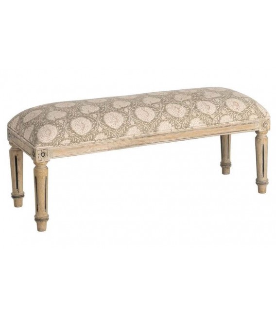 Banco pie de cama tapizado floral en tonos beige y gris