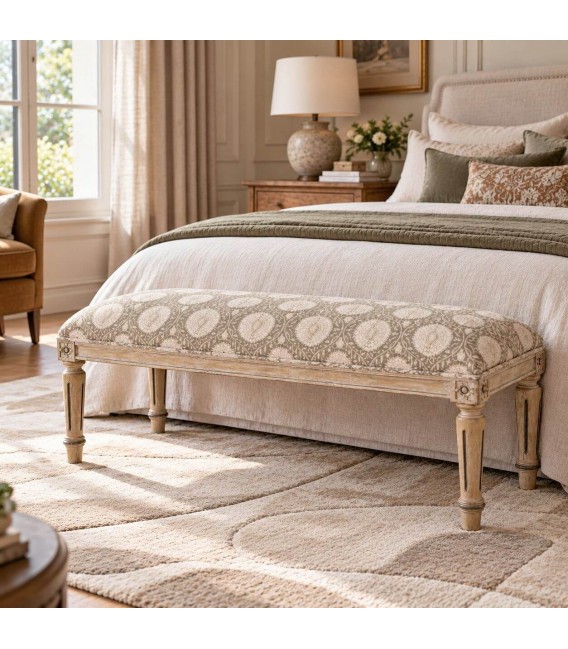 Banco pie de cama tapizado floral en tonos beige y gris Mdmhogar