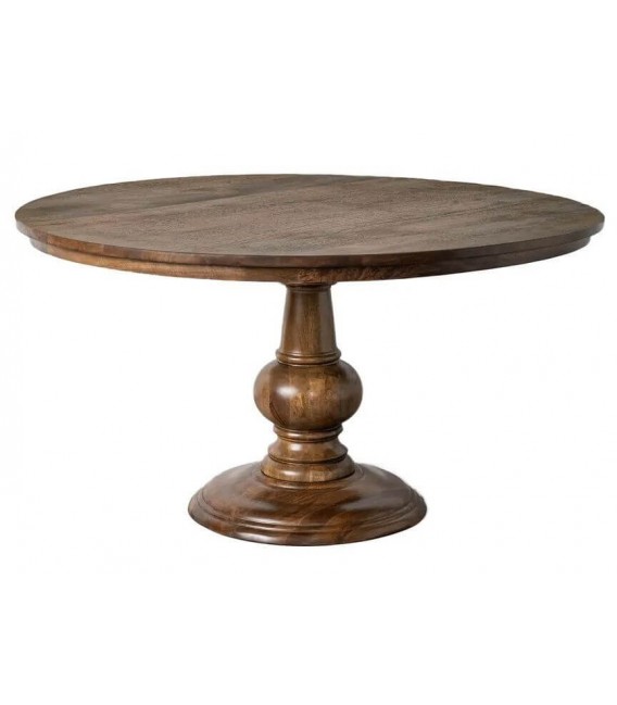 Mesa de comedor redonda fija de madera maciza nogal con pie central