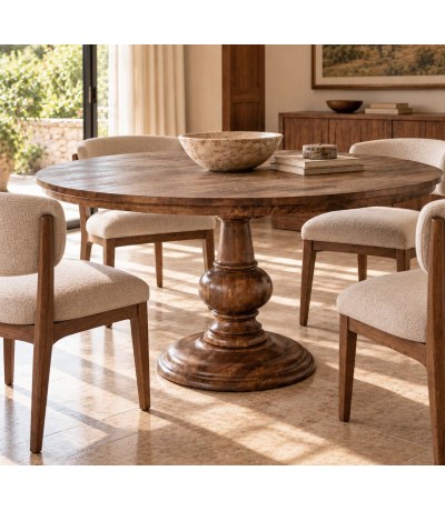 Mesa de comedor redonda fija de madera maciza nogal con pie central mdmhogar