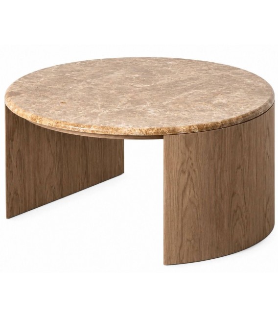 Mesa de centro redonda de mármol beige y madera natural contemporánea