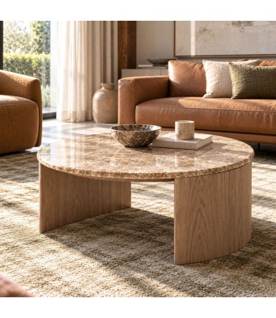 Mesa de centro redonda de mármol beige y madera natural contemporánea mdmhogar