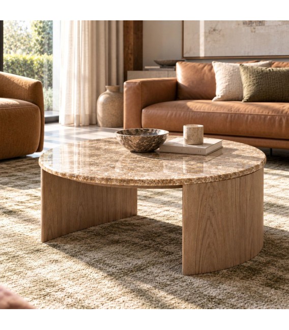 Mesa de centro redonda de mármol beige y madera natural contemporánea mdmhogar