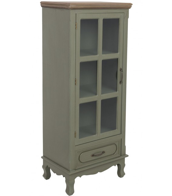 Vitrina estrecha clásica verde oliva con puerta de cristal y cajón