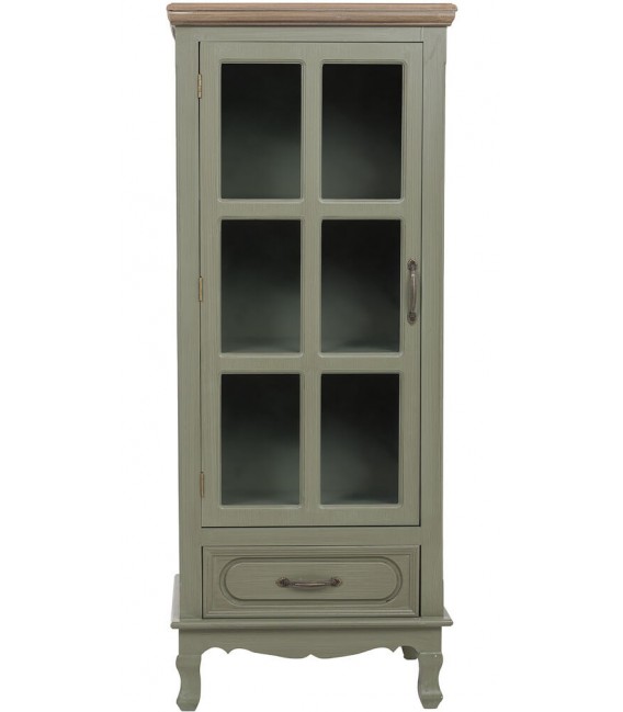 Vitrina estrecha clásica verde oliva con puerta de cristal y cajón 1