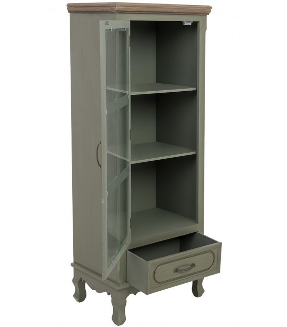 Vitrina estrecha clásica verde oliva con puerta de cristal y cajón 2