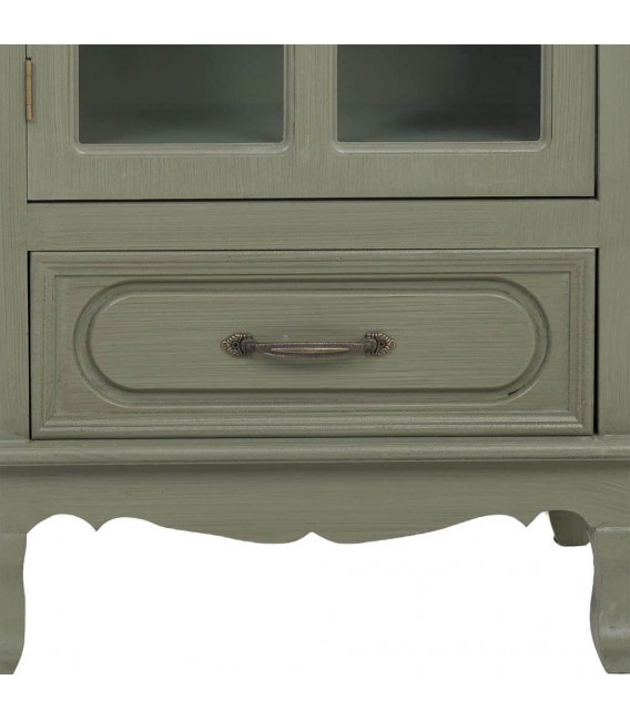 Vitrina estrecha clásica verde oliva con puerta de cristal y cajón 4