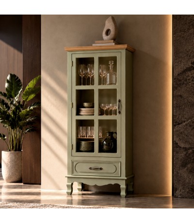 Vitrina estrecha clásica verde oliva con puerta de cristal y cajón Mdmhogar