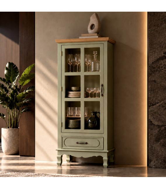 Vitrina estrecha clásica verde oliva con puerta de cristal y cajón Mdmhogar