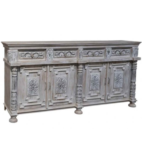 Aparador grande colonial de madera de mango tallada y decapada