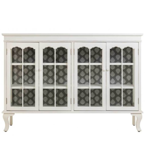 Aparador clásico blanco envejecido con puertas de cristal decoradas