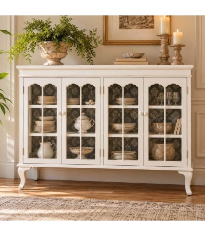 Aparador clásico blanco envejecido con puertas de cristal decoradas mdmhogar