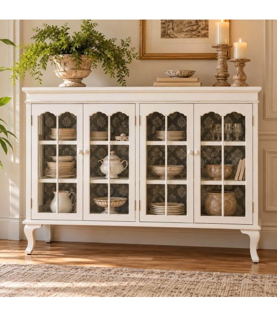 Aparador clásico blanco envejecido con puertas de cristal decoradas mdmhogar