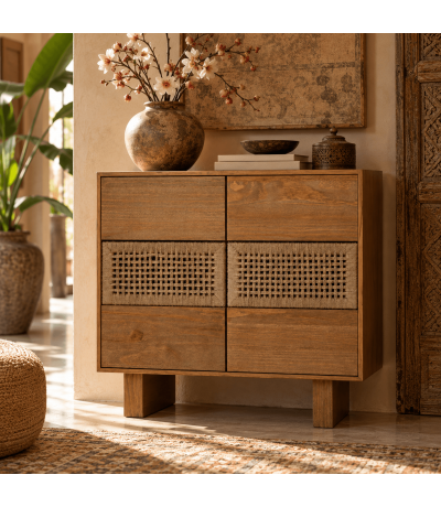 Cómoda pequeña de madera natural y cuerda trenzada estilo oriental Mdmhogar
