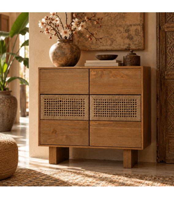 Cómoda pequeña de madera natural y cuerda trenzada estilo oriental Mdmhogar