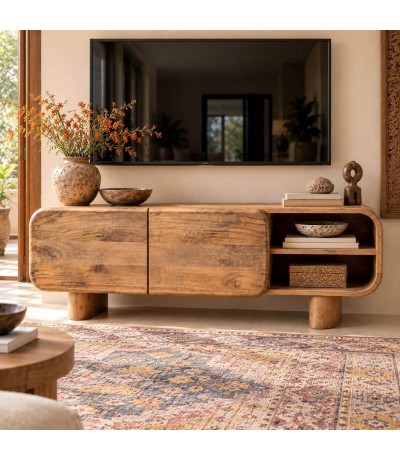 Mueble de TV de mango natural con diseño curvado estilo boho Mdmhogar