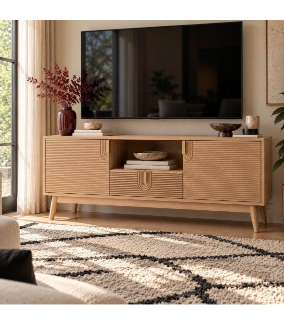 Mueble de TV madera natural acanalada estilo art déco Mdmhogar