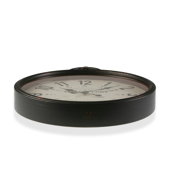 Reloj de pared industrial metal negro con esfera crema vintage. 1