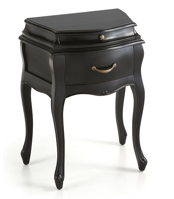 Mesita clásica negra con madera tallada y tiradores oro viejo.