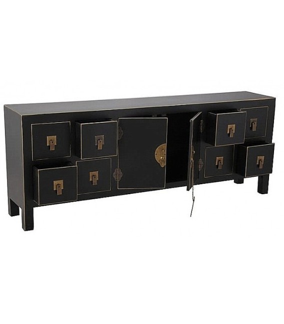 Mueble de TV negro detalles dorados, estilo oriental gran capacidad.