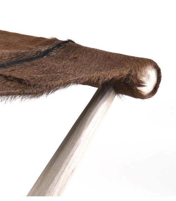 Puf Taburete Plegable de Madera Blanca y Piel de Vacuno Marrón mdmhogar