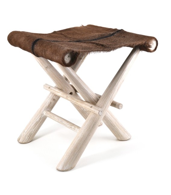 Puf Taburete Plegable de Madera Blanca y Piel de Vacuno Marrón mdmhogar