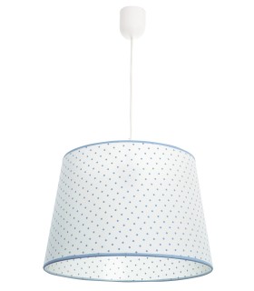 Lámpara de techo infantil en textil blanco con topos azules. Mdmhogar