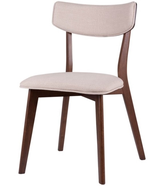 Silla en madera de nogal y tapizado beige, diseño cómodo y elegante.