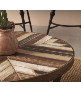 Mesa de centro redonda de madera maciza con base metálica negra
